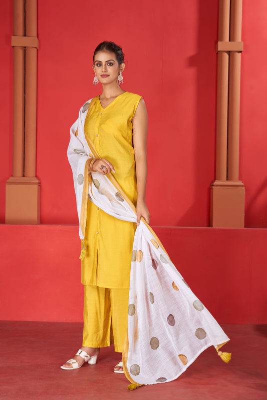 yellow Viscose Kurta Plazzo & Designer Dupatta