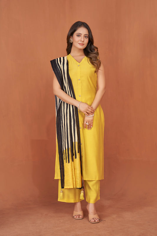 Yellow Viscose Kurta Plazzo & Designer Dupatta