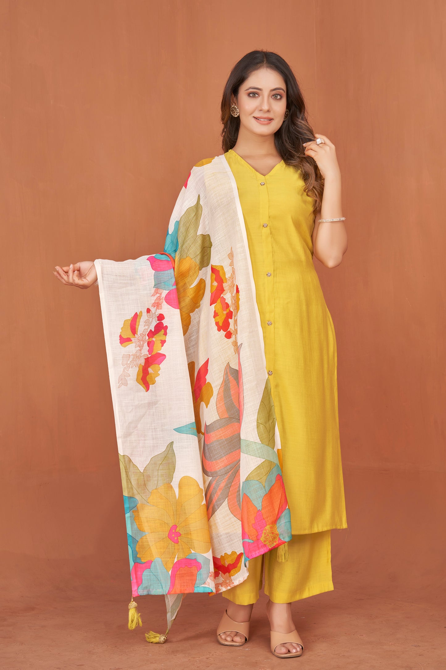 Yellow Viscose Kurta Plazzo & Designer Dupatta